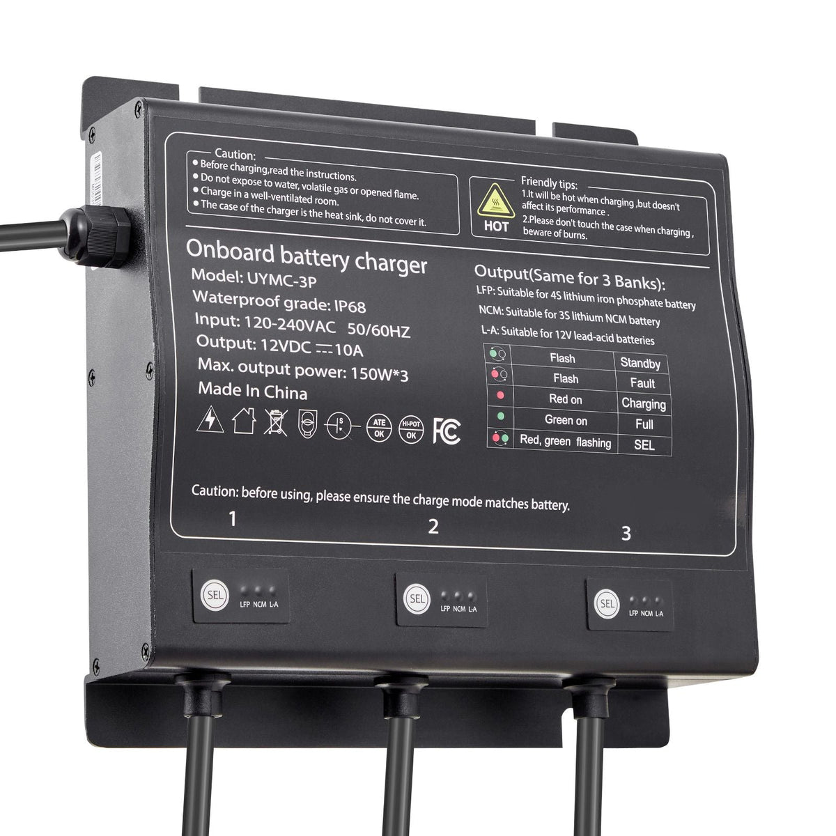Marine Battery Charger, 3-Bank, 10A 12V Onboard Boat Charger, IP68 Waterproof Smart On-Board Battery Charger, for Lithium-Ion (LiFePO4), NCM, Lead-Acid Batteries, Large Boat, Yacht, RV, Trailer
