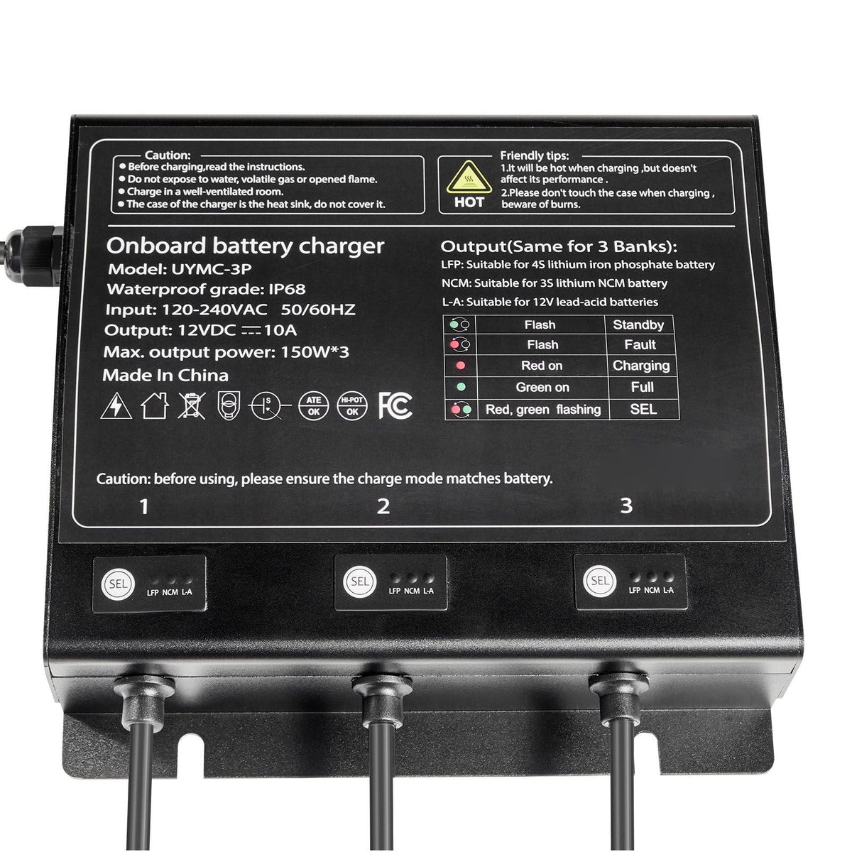 Marine Battery Charger, 3-Bank, 10A 12V Onboard Boat Charger, IP68 Waterproof Smart On-Board Battery Charger, for Lithium-Ion (LiFePO4), NCM, Lead-Acid Batteries, Large Boat, Yacht, RV, Trailer