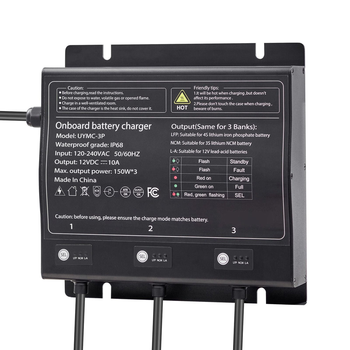 Marine Battery Charger, 3-Bank, 10A 12V Onboard Boat Charger, IP68 Waterproof Smart On-Board Battery Charger, for Lithium-Ion (LiFePO4), NCM, Lead-Acid Batteries, Large Boat, Yacht, RV, Trailer