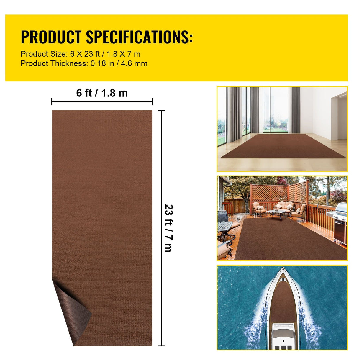 Marine Carpet, 6 x 23 ft Boat Carpeting, Deep Brown Marine Grade Boat Carpet, Indoor/Outdoor Marine Carpeting with Water-Proof TPR Backing, Water-Proof Carpet Roll for Home, Patio, Porch, Deck