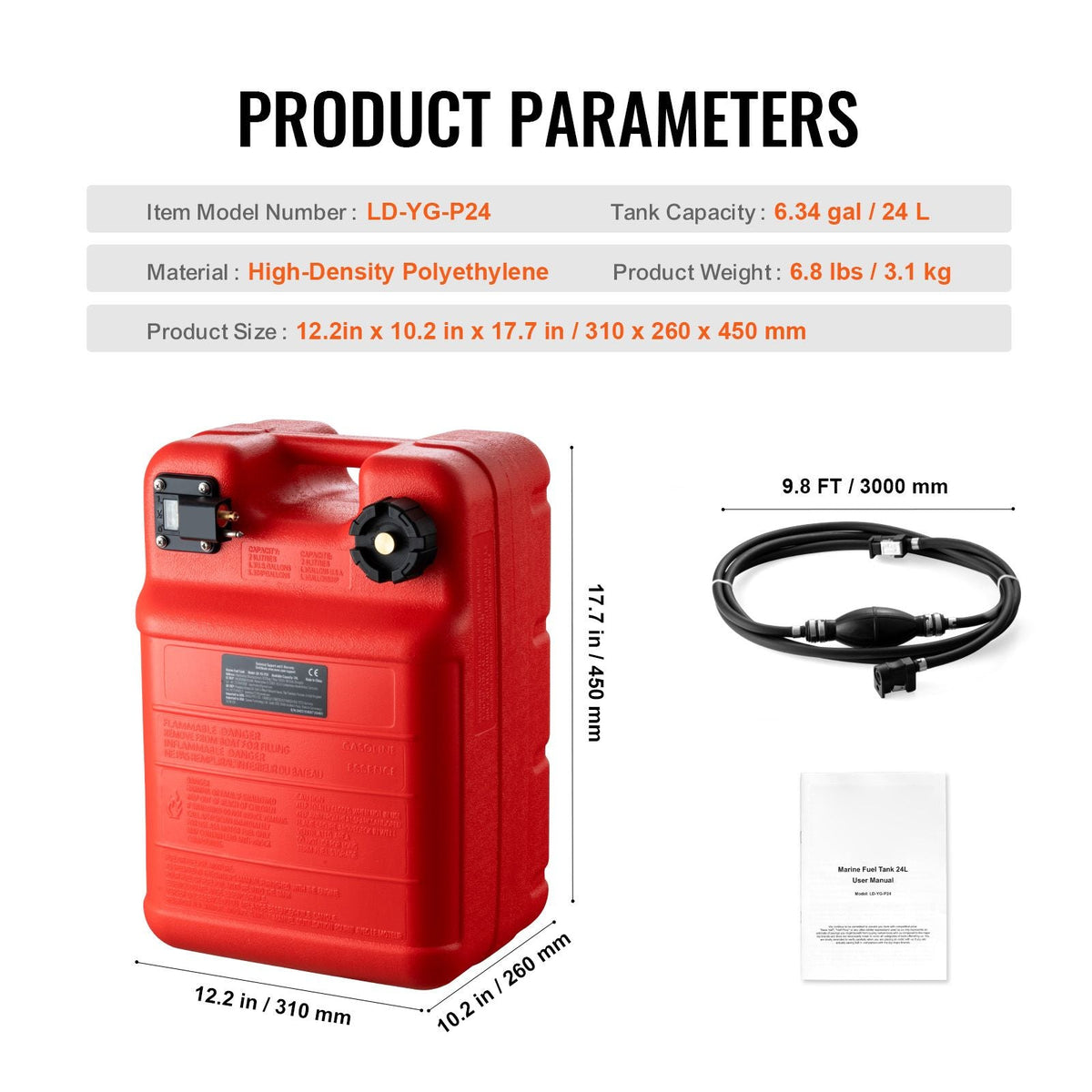 Marine Tank, 6.34-Gallon/24-L Marine Portable Tank Outboard Marine Boat Transfer Tank with 9.8ft Hose, Gauge for Outboard Engine Boats, Yacht, Fishing Boat, Deck Boat, Red