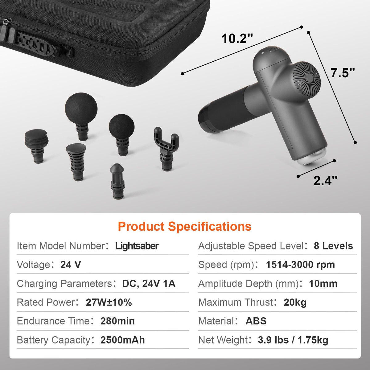Massage Gun Deep Tissue, Muscle Percussion Massage Gun for Athletes, Handheld Massage Gun for Pain Relief, Muscle Relaxation - with 8 Speed Levels & 6 Massage Heads, 24V 2500mAh