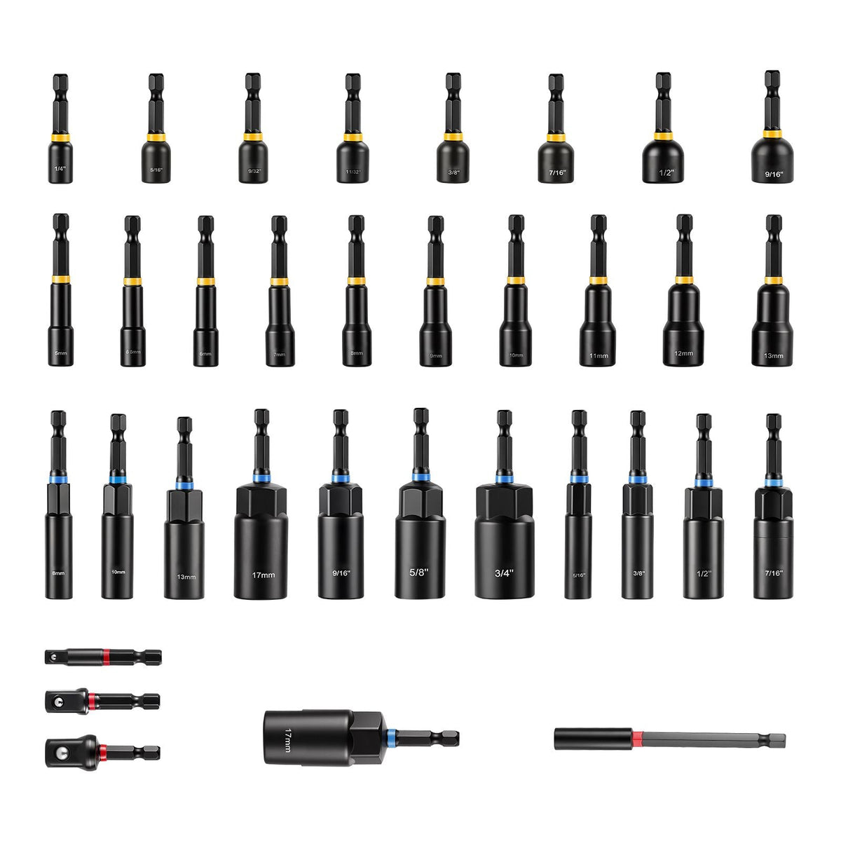 Master Magnetic Impact Nut Driver Set 34-Piece, Metric & SAE Sizes, with Nut Setter, Quick Release Extension, Wing Nut Driver, Storage Box, Versatile for Automotive, Machinery, and DIY Tasks