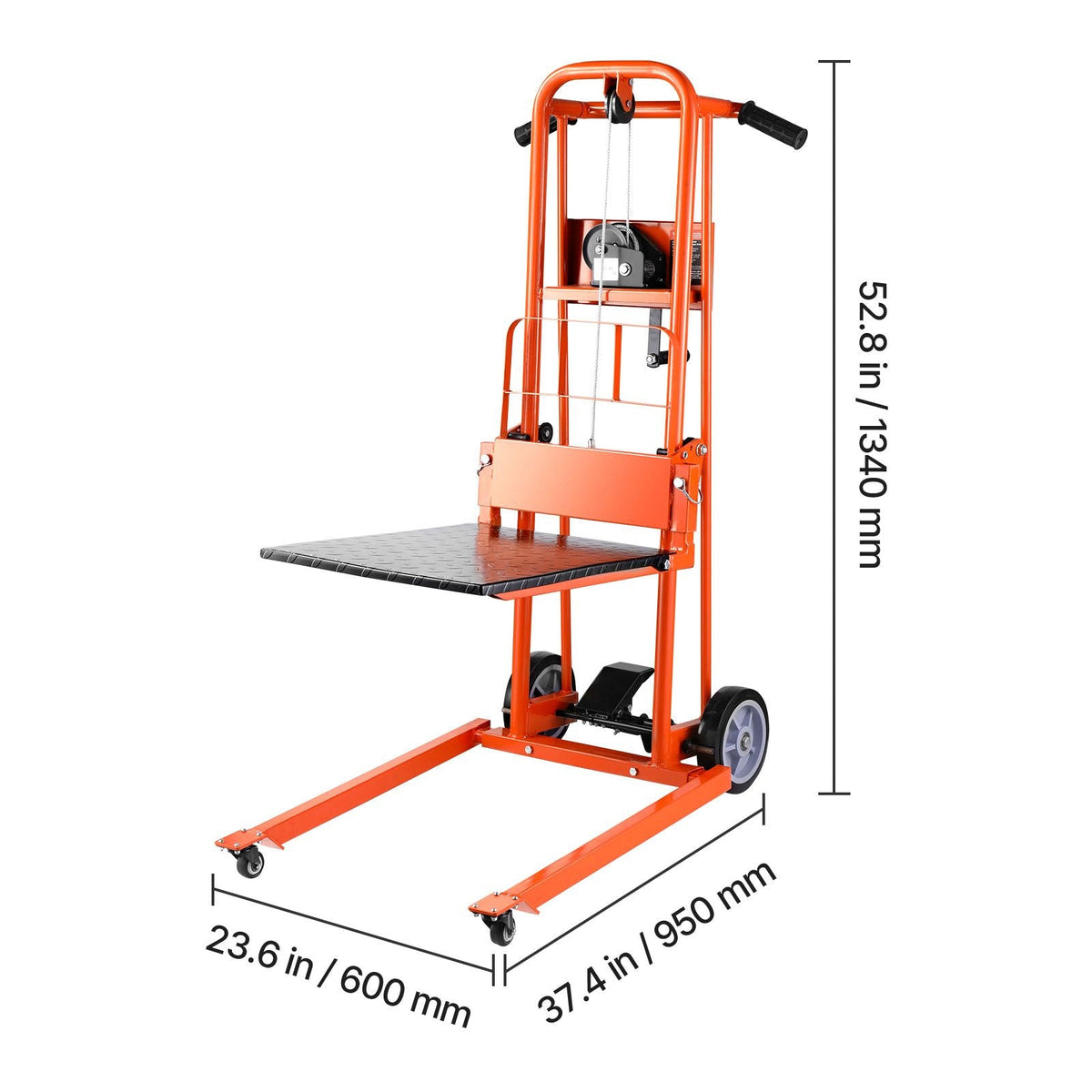 Material Lift Winch Stacker, 330 lbs Capacity Pallet Truck Dolly, 42.9 in Max Lifting Height Manual Winch Stacker, Multifunctional Manual Pallet Truck Stacker with Swivel Casters and Lift Plate