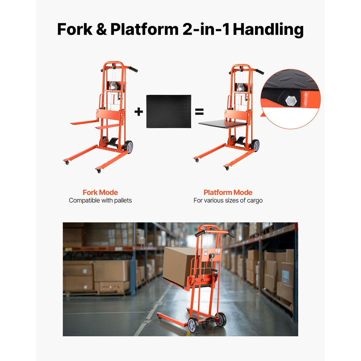 Material Lift Winch Stacker, 330 lbs Capacity Pallet Truck Dolly, 42.9 in Max Lifting Height Manual Winch Stacker, Multifunctional Manual Pallet Truck Stacker with Swivel Casters and Lift Plate
