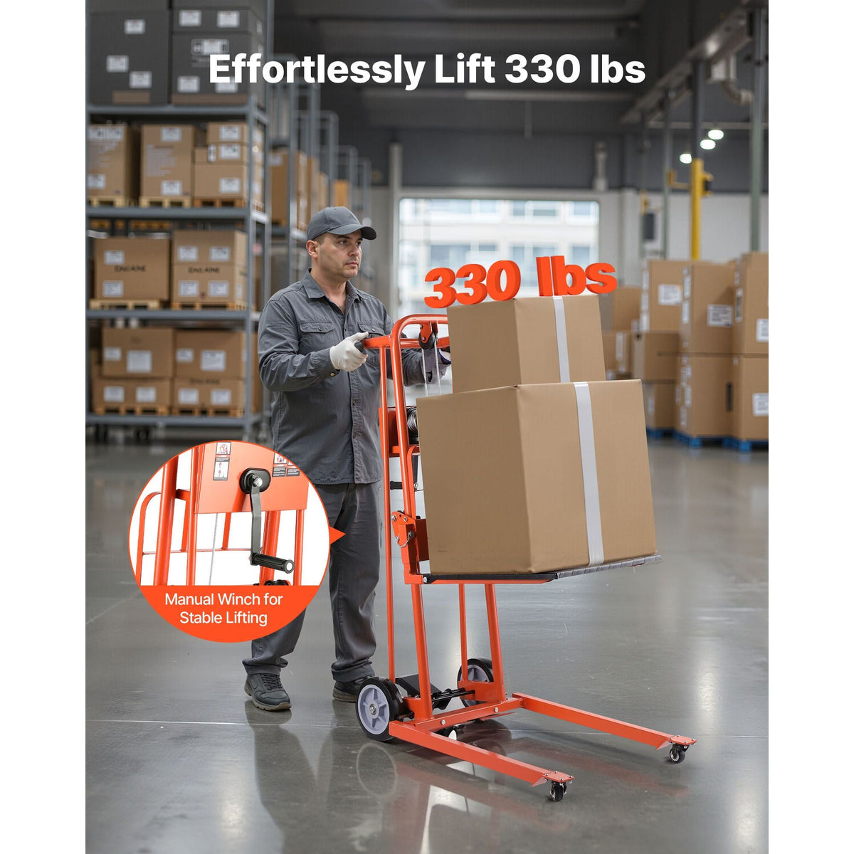 Material Lift Winch Stacker, 330 lbs Capacity Pallet Truck Dolly, 42.9 in Max Lifting Height Manual Winch Stacker, Multifunctional Manual Pallet Truck Stacker with Swivel Casters and Lift Plate