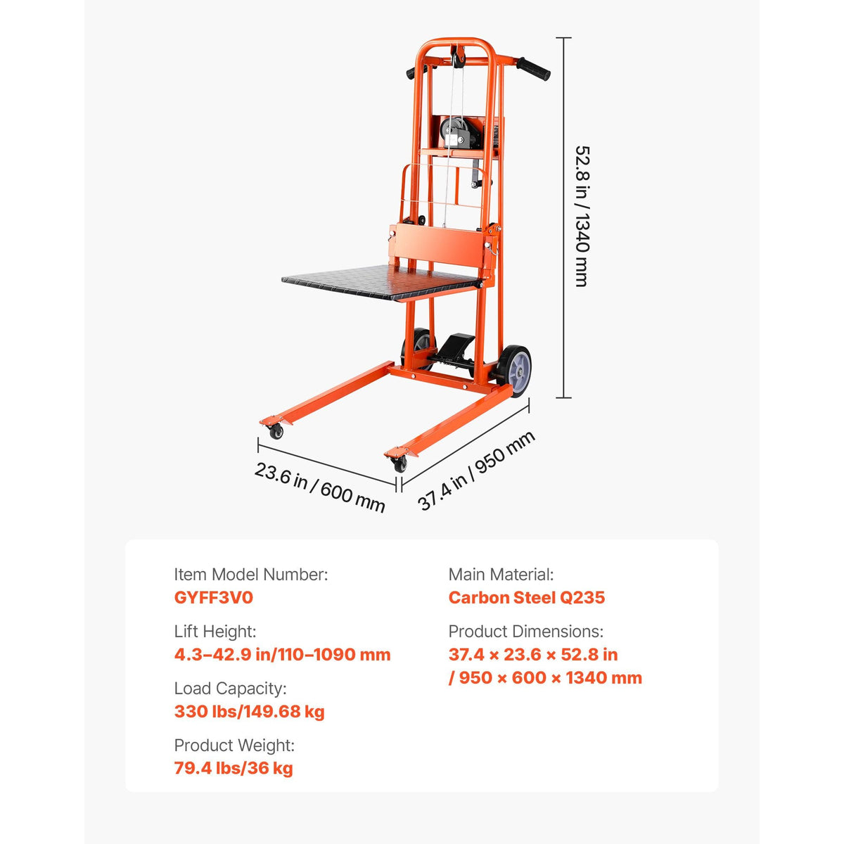 Material Lift Winch Stacker, 330 lbs Capacity Pallet Truck Dolly, 42.9 in Max Lifting Height Manual Winch Stacker, Multifunctional Manual Pallet Truck Stacker with Swivel Casters and Lift Plate