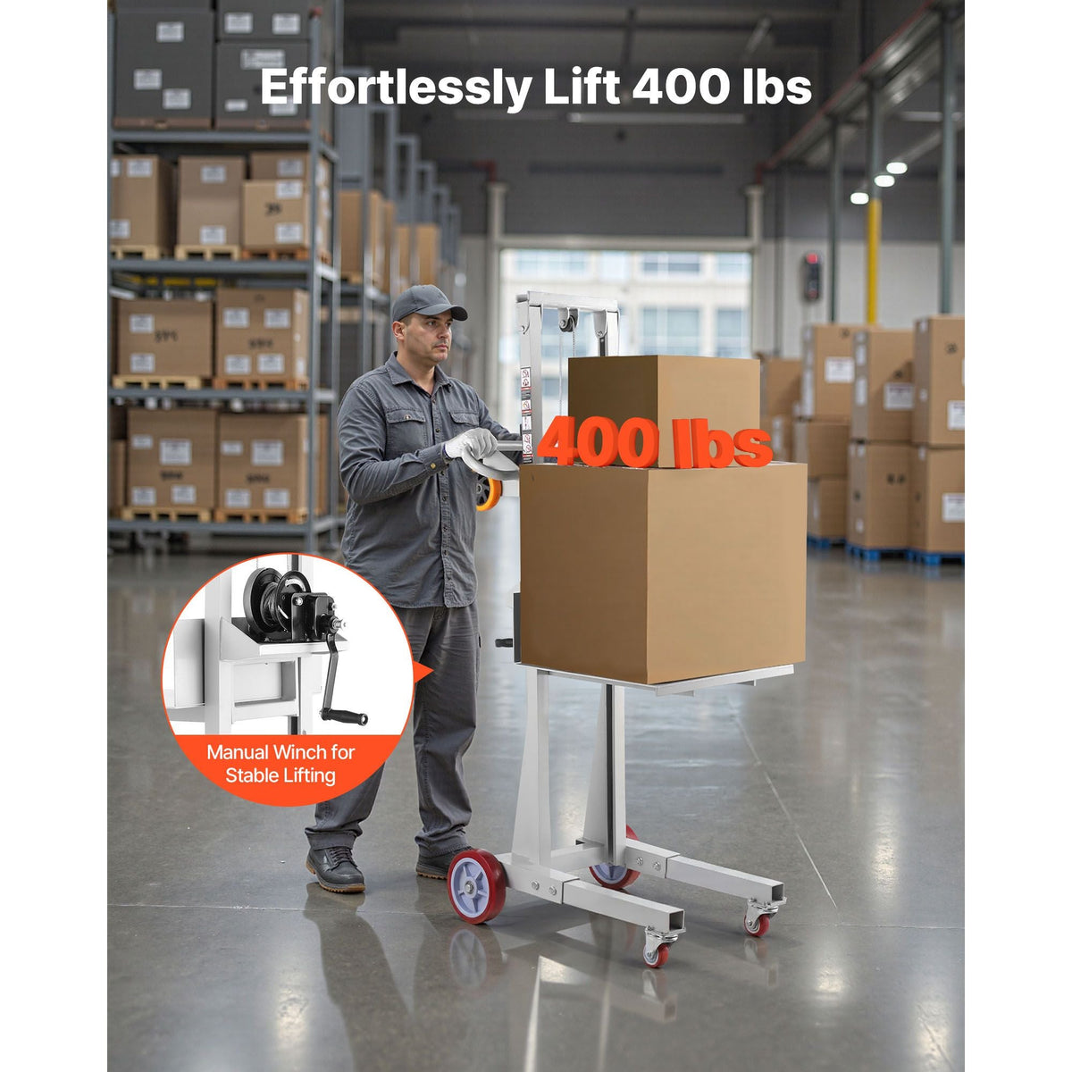 Material Lift Winch Stacker, 400 lbs Capacity Pallet Truck Dolly, 51.1 in Max Lifting Height Manual Winch Stacker, Multifunctional Manual Pallet Truck Stacker with Wheels and Adjustable Plate