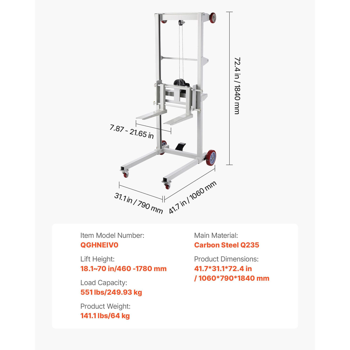 Material Lift Winch Stacker, 551 lbs Capacity Pallet Truck Dolly, 70 in Max Lifting Height Manual Winch Stacker, Multifunctional Manual Pallet Truck Stacker with Wheels and Adjustable Fork