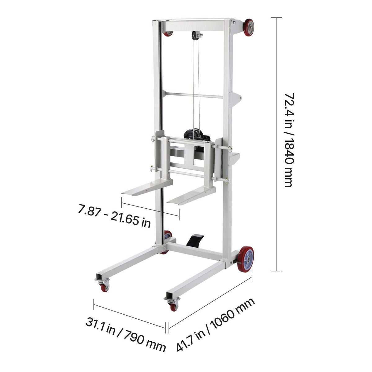Material Lift Winch Stacker, 551 lbs Capacity Pallet Truck Dolly, 70 in Max Lifting Height Manual Winch Stacker, Multifunctional Manual Pallet Truck Stacker with Wheels and Adjustable Fork
