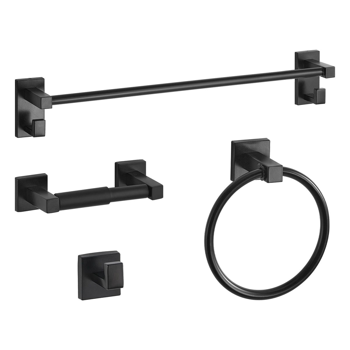Matte Black Bathroom Hardware Set, 4 Pieces Stainless Steel Bathroom Accessories Set, 24-inch Towel Bar, Towel Ring, Robe Towel Hook, Toilet Paper Holder, for Bath Room, Wall Mounted