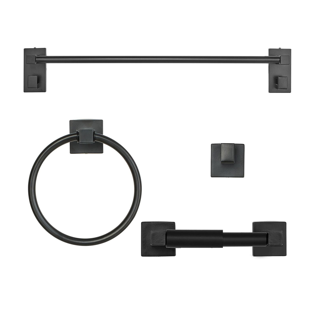 Matte Black Bathroom Hardware Set, 4 Pieces Stainless Steel Bathroom Accessories Set, 24-inch Towel Bar, Towel Ring, Robe Towel Hook, Toilet Paper Holder, for Bath Room, Wall Mounted