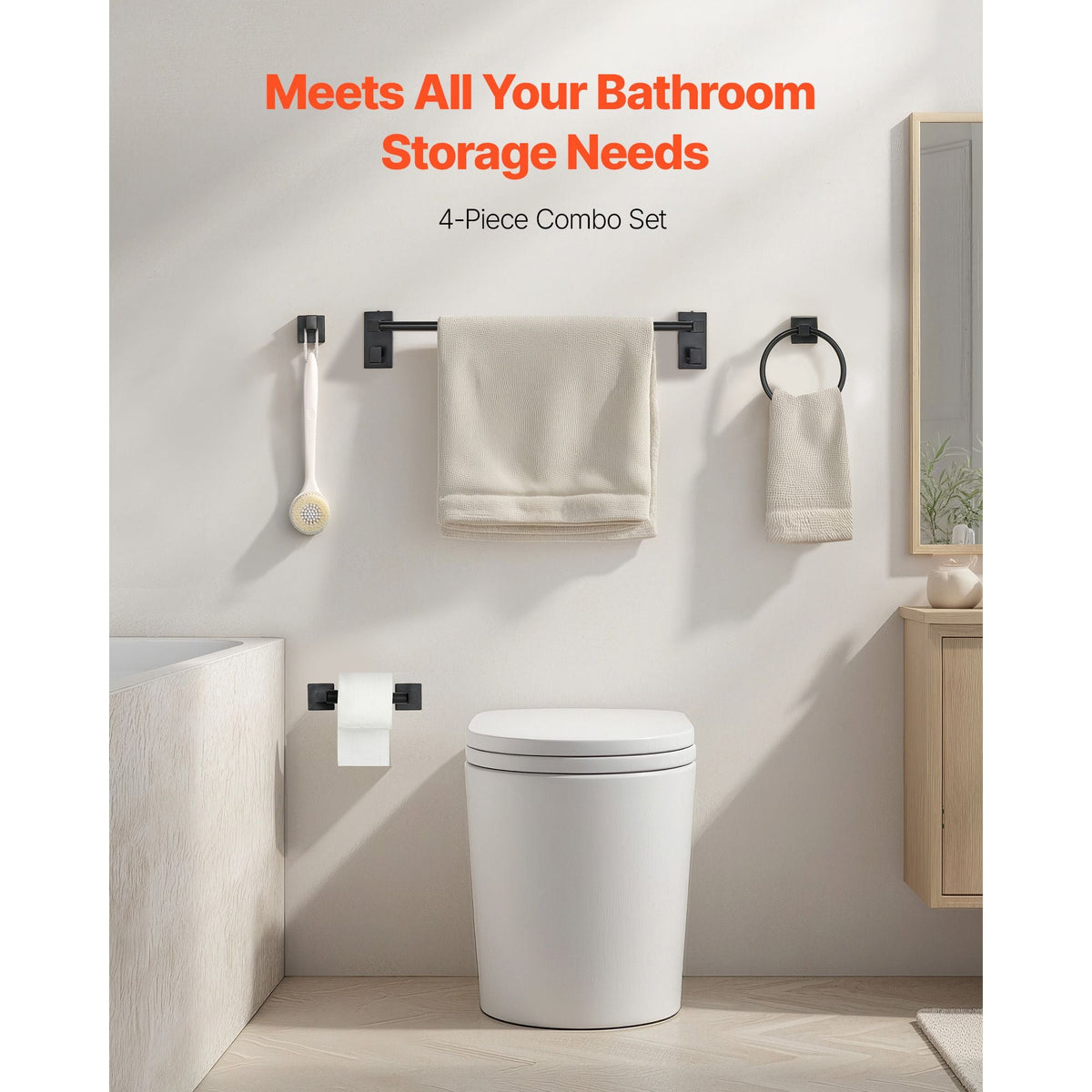 Matte Black Bathroom Hardware Set, 4 Pieces Stainless Steel Bathroom Accessories Set, 24-inch Towel Bar, Towel Ring, Robe Towel Hook, Toilet Paper Holder, for Bath Room, Wall Mounted