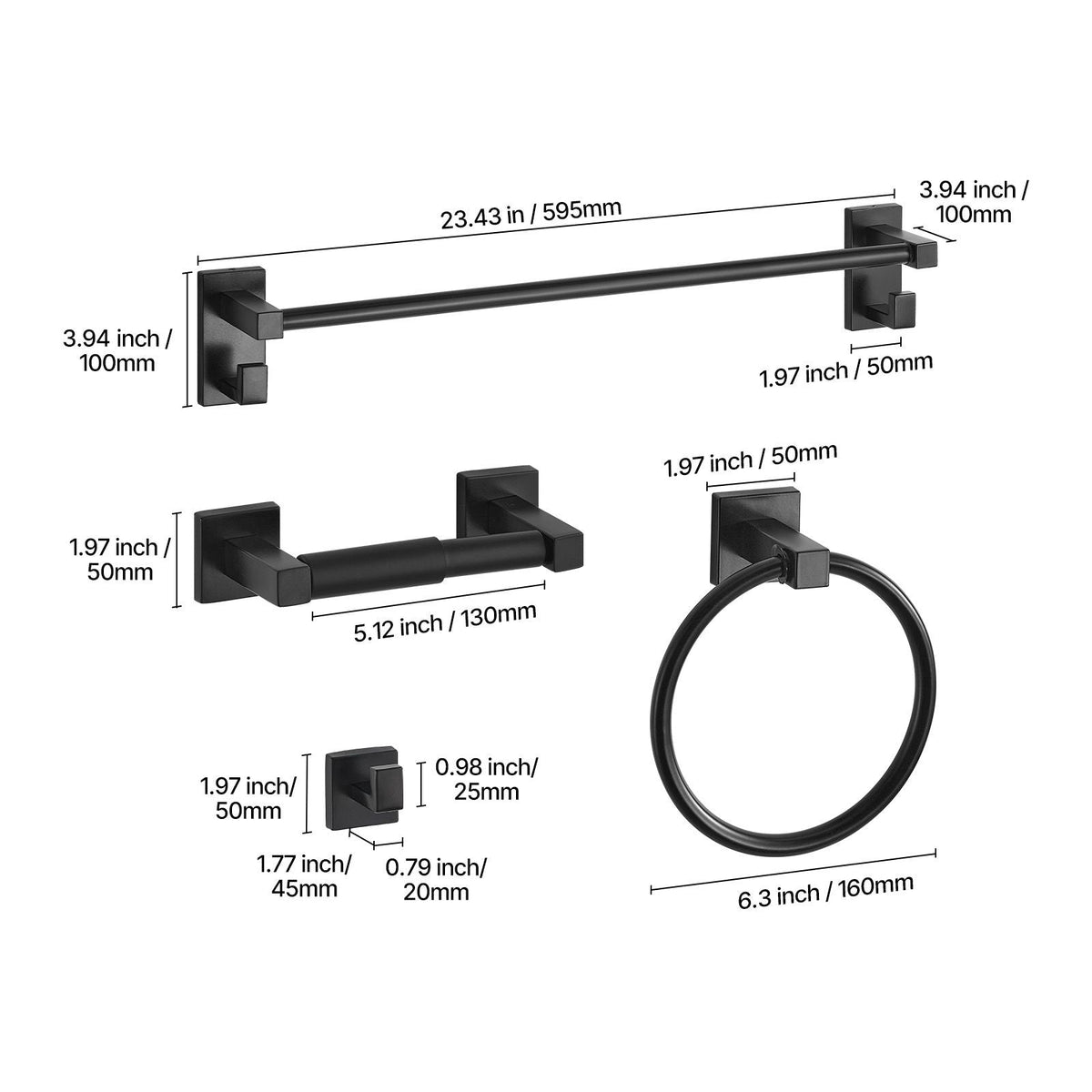 Matte Black Bathroom Hardware Set, 4 Pieces Stainless Steel Bathroom Accessories Set, 24-inch Towel Bar, Towel Ring, Robe Towel Hook, Toilet Paper Holder, for Bath Room, Wall Mounted