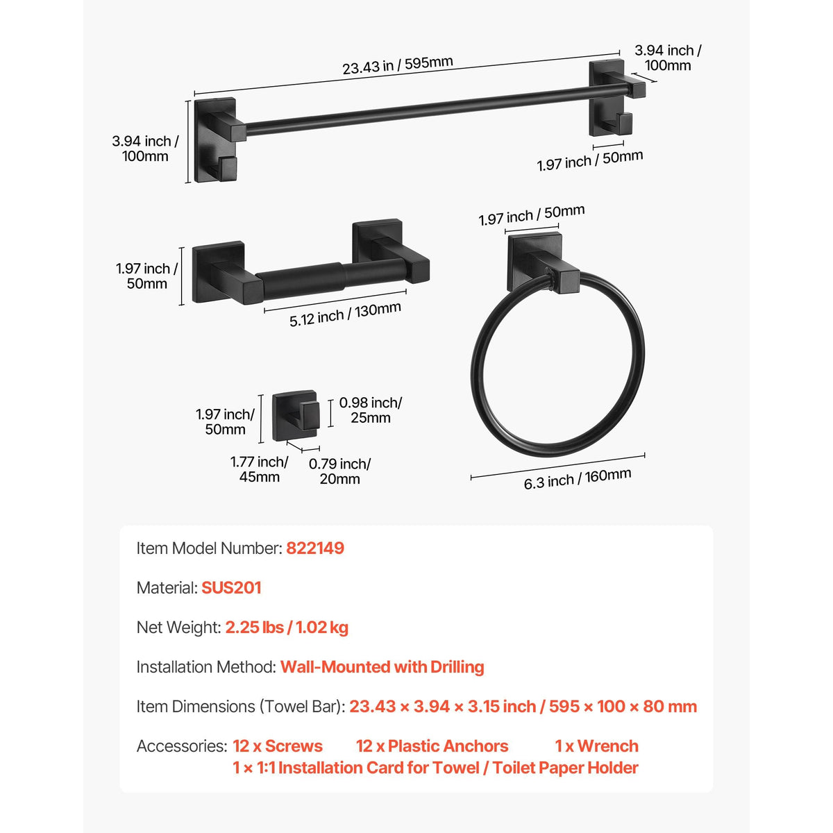 Matte Black Bathroom Hardware Set, 4 Pieces Stainless Steel Bathroom Accessories Set, 24-inch Towel Bar, Towel Ring, Robe Towel Hook, Toilet Paper Holder, for Bath Room, Wall Mounted