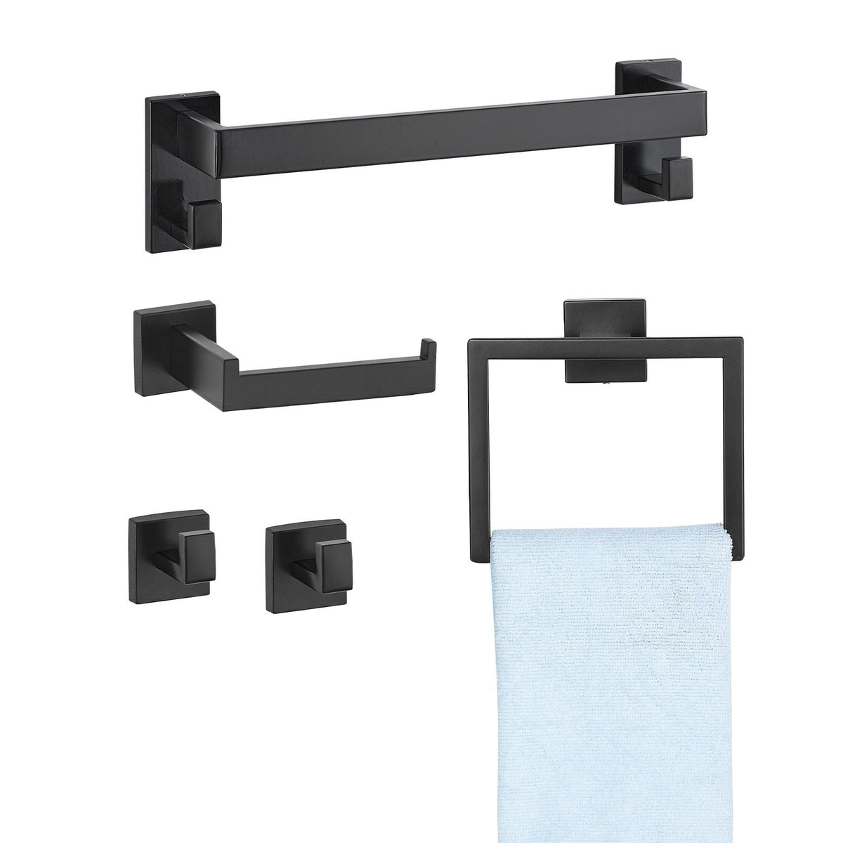 Matte Black Bathroom Hardware Set, 5 Pieces Bathroom Accessories Set, Stainless Steel 16 inch Towel Bar, Towel Rack, 2 Robe Towel Hooks, Toilet Paper Holder for Bath Room, Wall Mounted