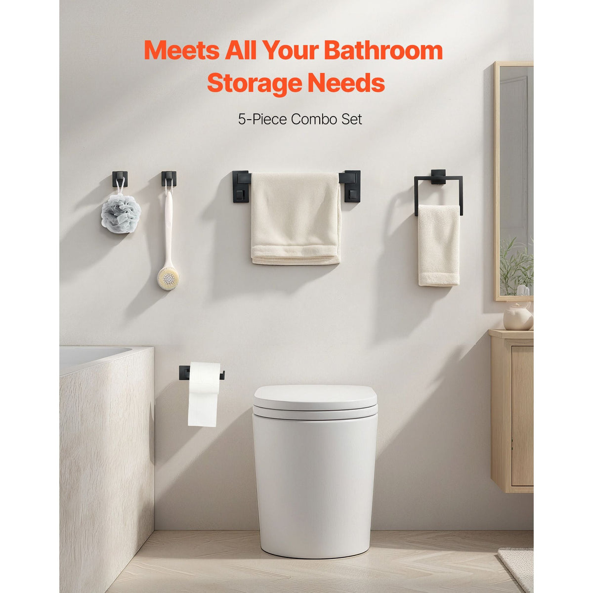 Matte Black Bathroom Hardware Set, 5 Pieces Bathroom Accessories Set, Stainless Steel 16 inch Towel Bar, Towel Rack, 2 Robe Towel Hooks, Toilet Paper Holder for Bath Room, Wall Mounted