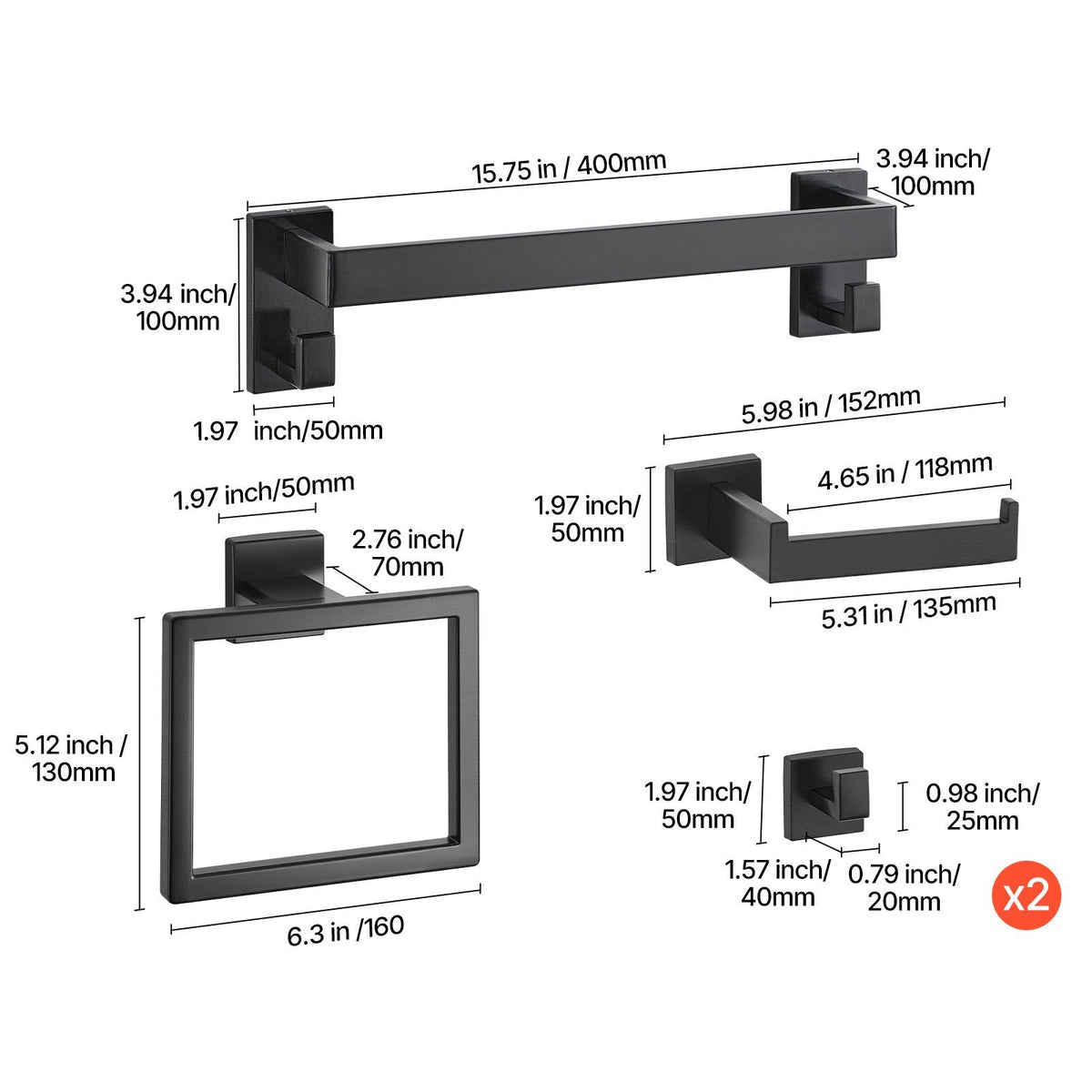 Matte Black Bathroom Hardware Set, 5 Pieces Bathroom Accessories Set, Stainless Steel 16 inch Towel Bar, Towel Rack, 2 Robe Towel Hooks, Toilet Paper Holder for Bath Room, Wall Mounted