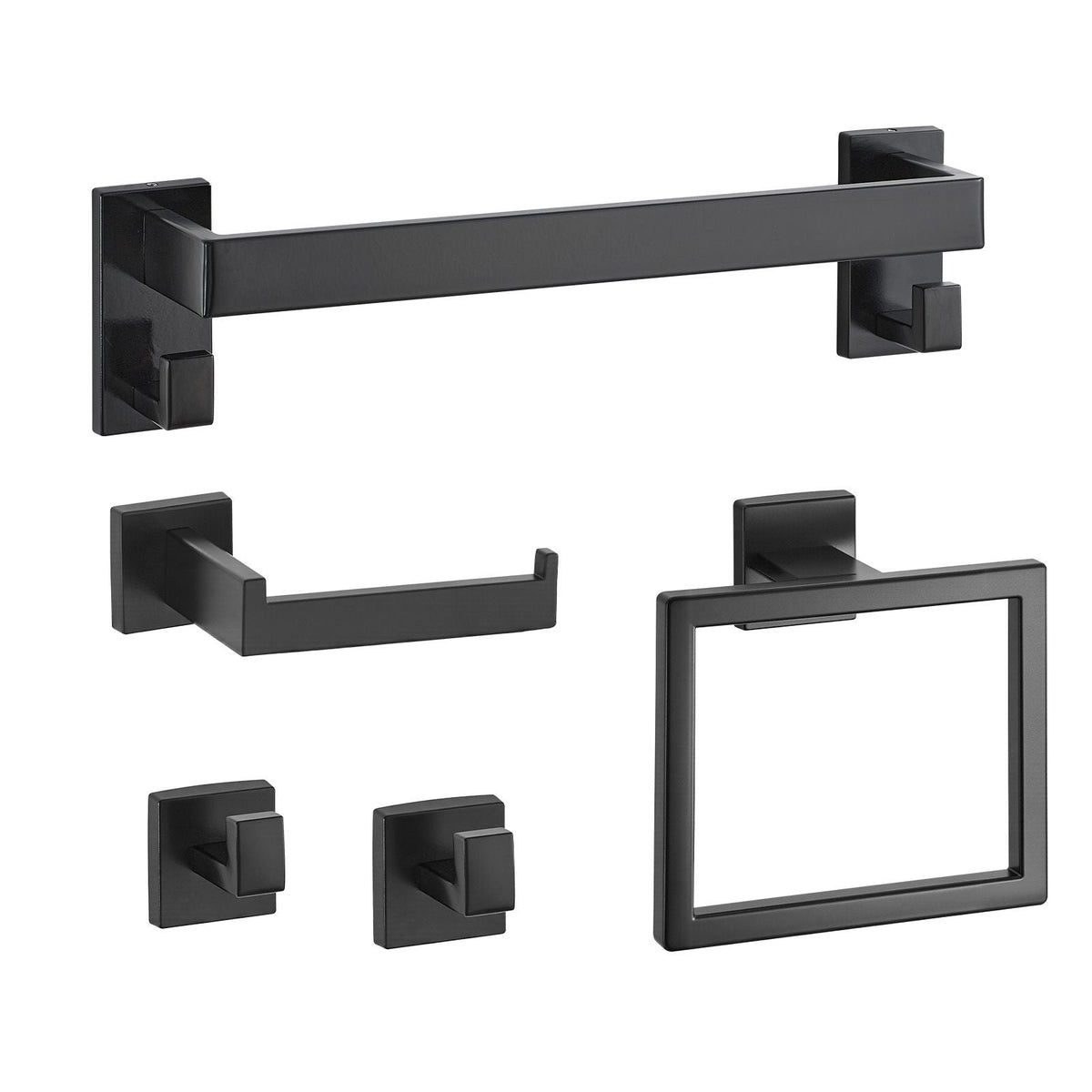 Matte Black Bathroom Hardware Set, 5 Pieces Bathroom Accessories Set, Stainless Steel 16 inch Towel Bar, Towel Rack, 2 Robe Towel Hooks, Toilet Paper Holder for Bath Room, Wall Mounted