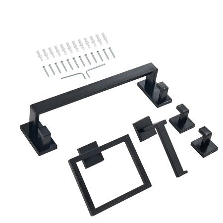 Matte Black Bathroom Hardware Set, 5 Pieces Bathroom Accessories Set, Stainless Steel 16 inch Towel Bar, Towel Rack, 2 Robe Towel Hooks, Toilet Paper Holder for Bath Room, Wall Mounted