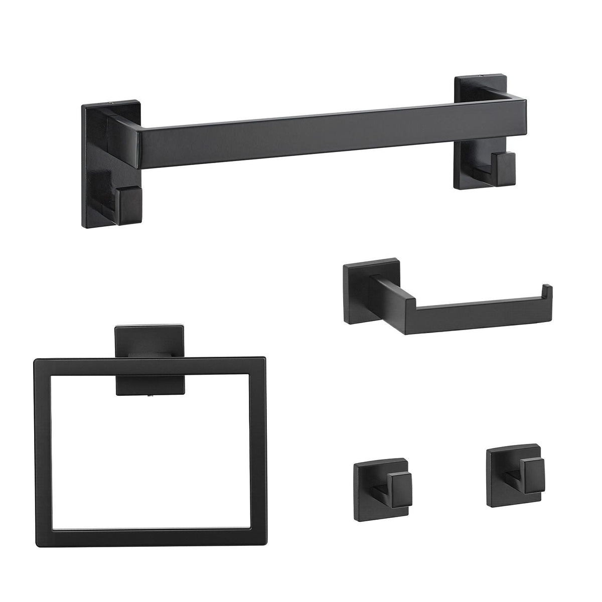 Matte Black Bathroom Hardware Set, 5 Pieces Bathroom Accessories Set, Stainless Steel 16 inch Towel Bar, Towel Rack, 2 Robe Towel Hooks, Toilet Paper Holder for Bath Room, Wall Mounted