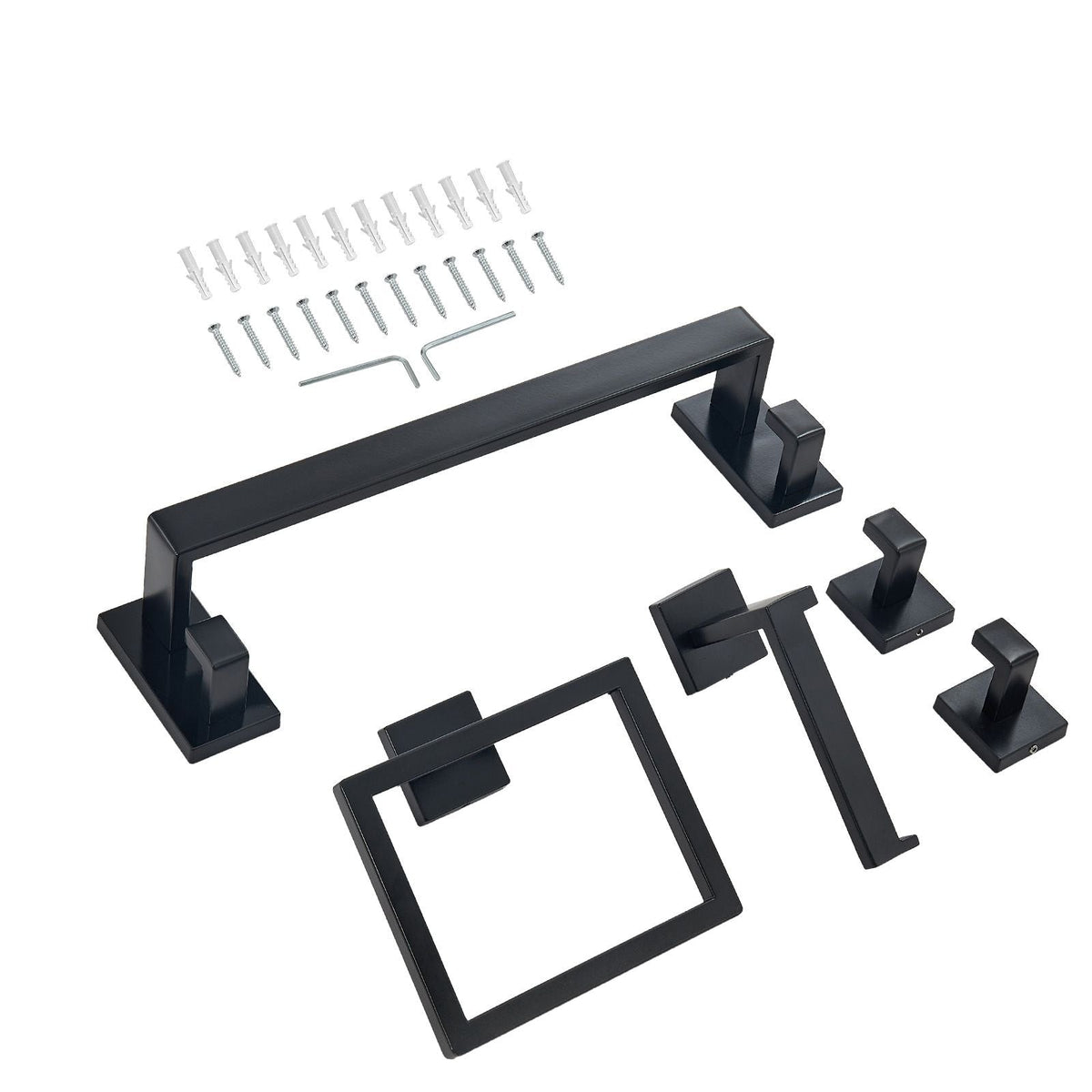 Matte Black Bathroom Hardware Set, 5 Pieces Bathroom Accessories Set, Stainless Steel 16 inch Towel Bar, Towel Rack, 2 Robe Towel Hooks, Toilet Paper Holder for Bath Room, Wall Mounted