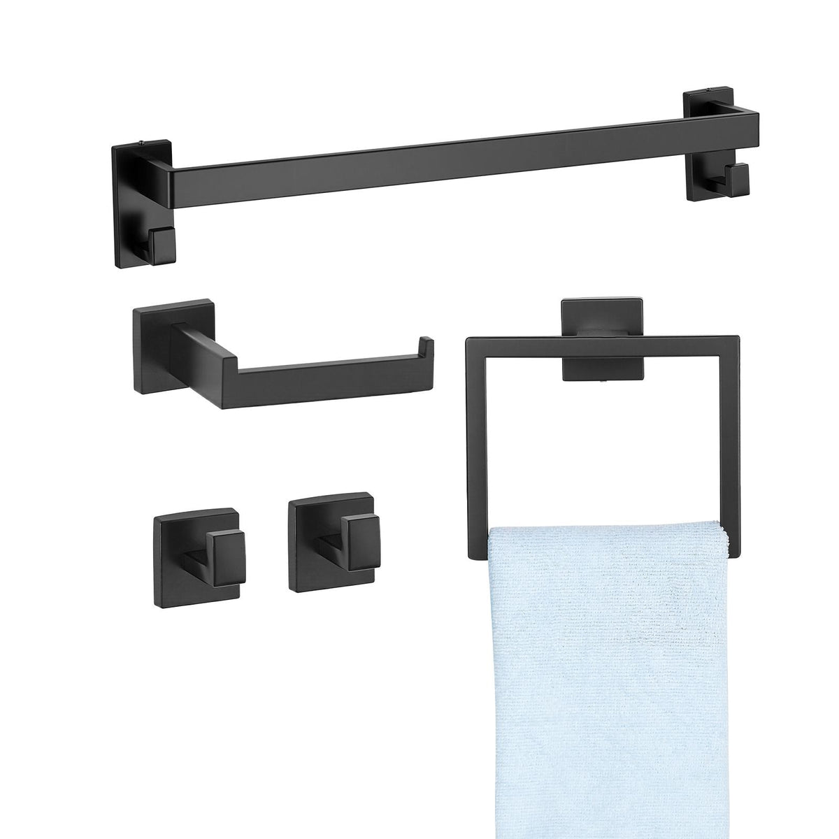 Matte Black Bathroom Hardware Set, 5 Pieces Stainless Steel Bathroom Accessories Set, 24-inch Towel Bar, Towel Rack, 2 Robe Towel Hooks, Toilet Paper Holder, for Bath Room, Wall Mounted