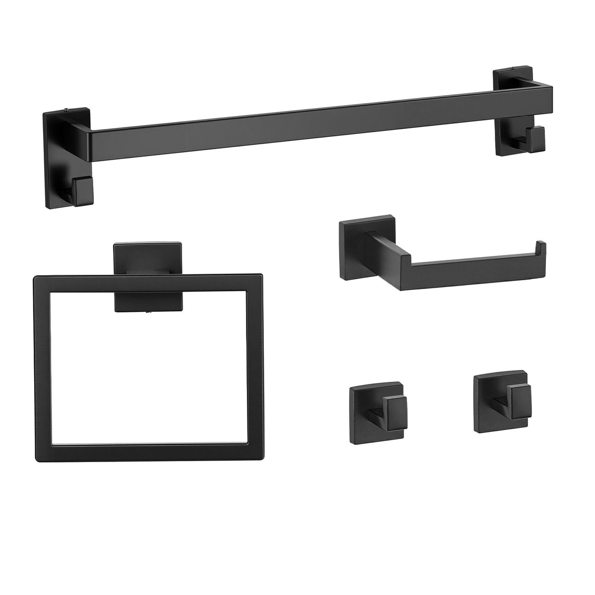 Matte Black Bathroom Hardware Set, 5 Pieces Stainless Steel Bathroom Accessories Set, 24-inch Towel Bar, Towel Rack, 2 Robe Towel Hooks, Toilet Paper Holder, for Bath Room, Wall Mounted