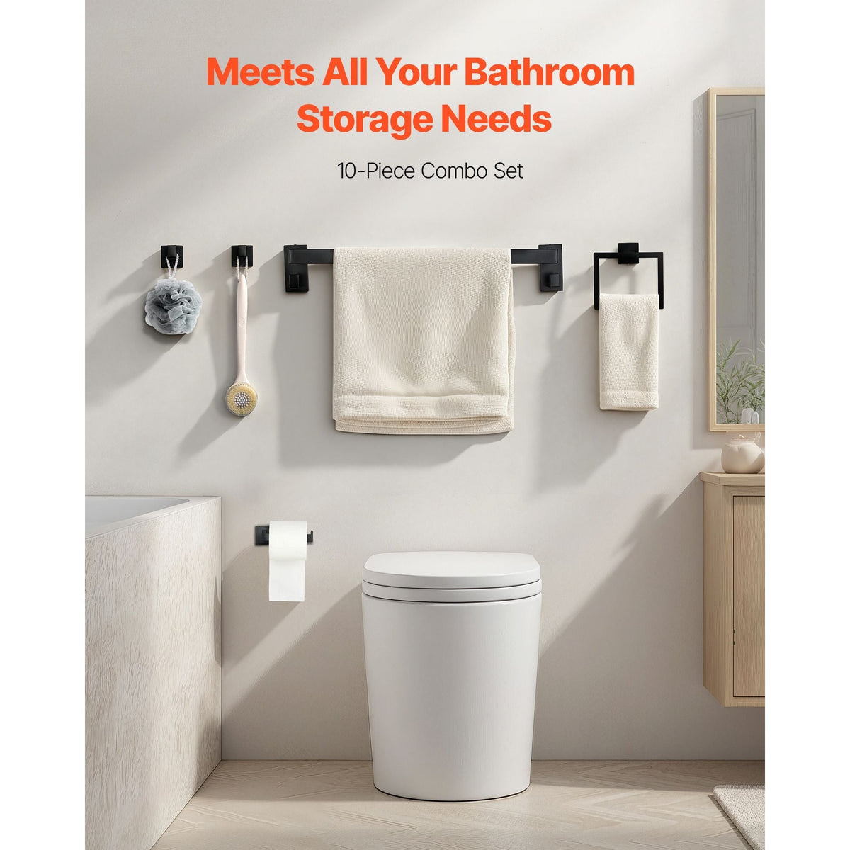 Matte Black Bathroom Hardware Set, 5 Pieces Stainless Steel Bathroom Accessories Set, 24-inch Towel Bar, Towel Rack, 2 Robe Towel Hooks, Toilet Paper Holder, for Bath Room, Wall Mounted