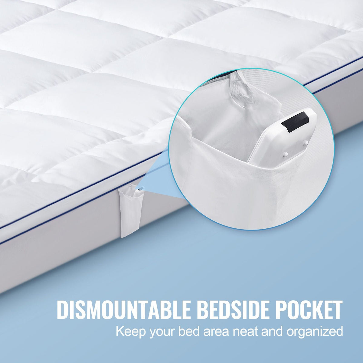 Mattress Topper, Queen Size, 1" Thickness, Fiber Fill Pad with Detachable and Washable Layer, Comfortable Supportive, Cooling, Breathable, with Detachable Bedside Pocket for Holding Small Items