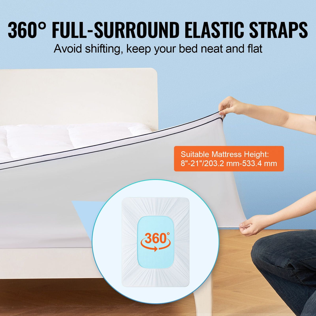 Mattress Topper, Queen Size, 1" Thickness, Fiber Fill Pad with Detachable and Washable Layer, Comfortable Supportive, Cooling, Breathable, with Detachable Bedside Pocket for Holding Small Items