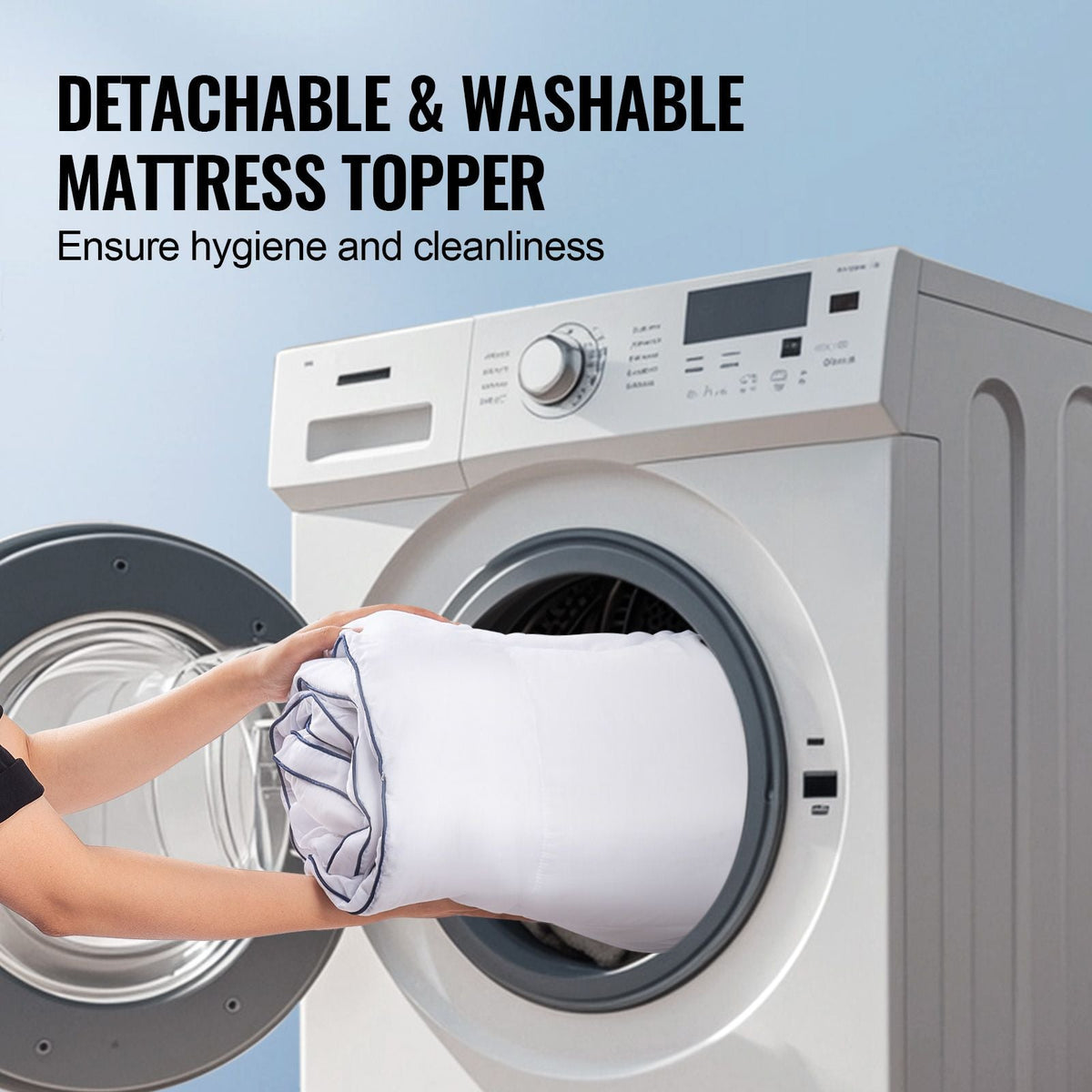 Mattress Topper, Queen Size, 1" Thickness, Fiber Fill Pad with Detachable and Washable Layer, Comfortable Supportive, Cooling, Breathable, with Detachable Bedside Pocket for Holding Small Items