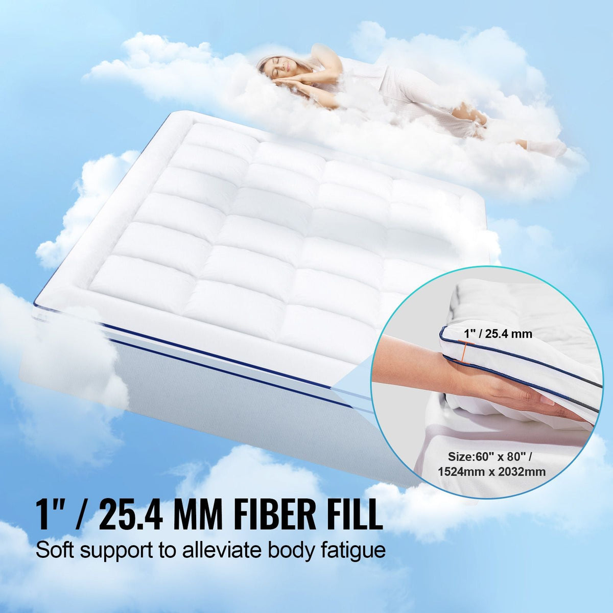 Mattress Topper, Queen Size, 1" Thickness, Fiber Fill Pad with Detachable and Washable Layer, Comfortable Supportive, Cooling, Breathable, with Detachable Bedside Pocket for Holding Small Items