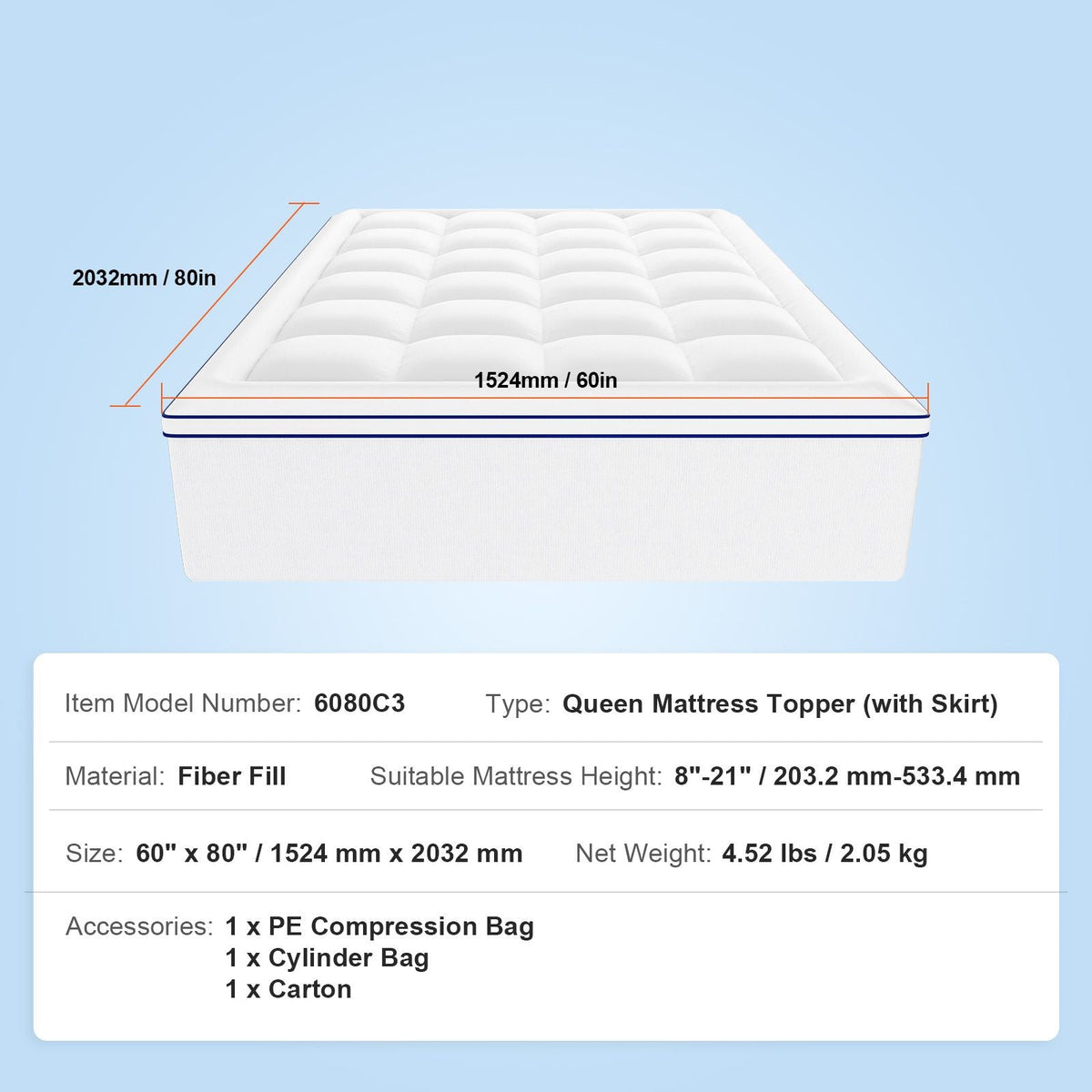 Mattress Topper, Queen Size, 1" Thickness, Fiber Fill Pad with Detachable and Washable Layer, Comfortable Supportive, Cooling, Breathable, with Detachable Bedside Pocket for Holding Small Items