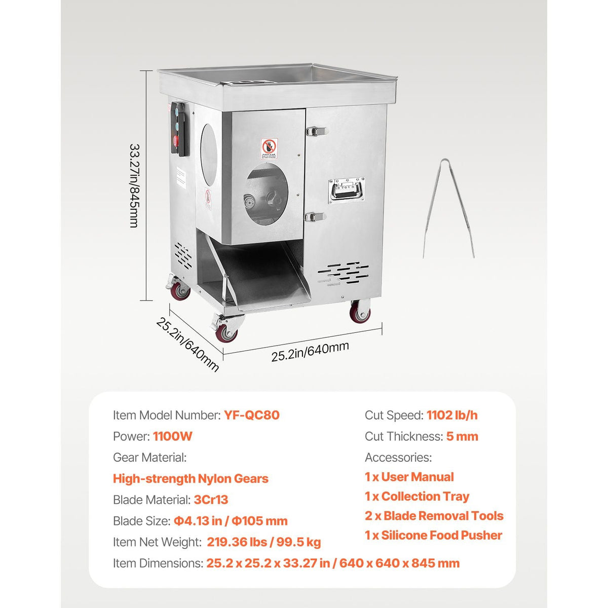 Meat Cutter Machine, 1100W Meat Slicer, 1102 lb/h Commercial Meat Cutting Machine, Stainless Steel, 5 mm Thickness, Detachable Blades, Electric Food Slicer for Kitchen Restaurant Supermarket