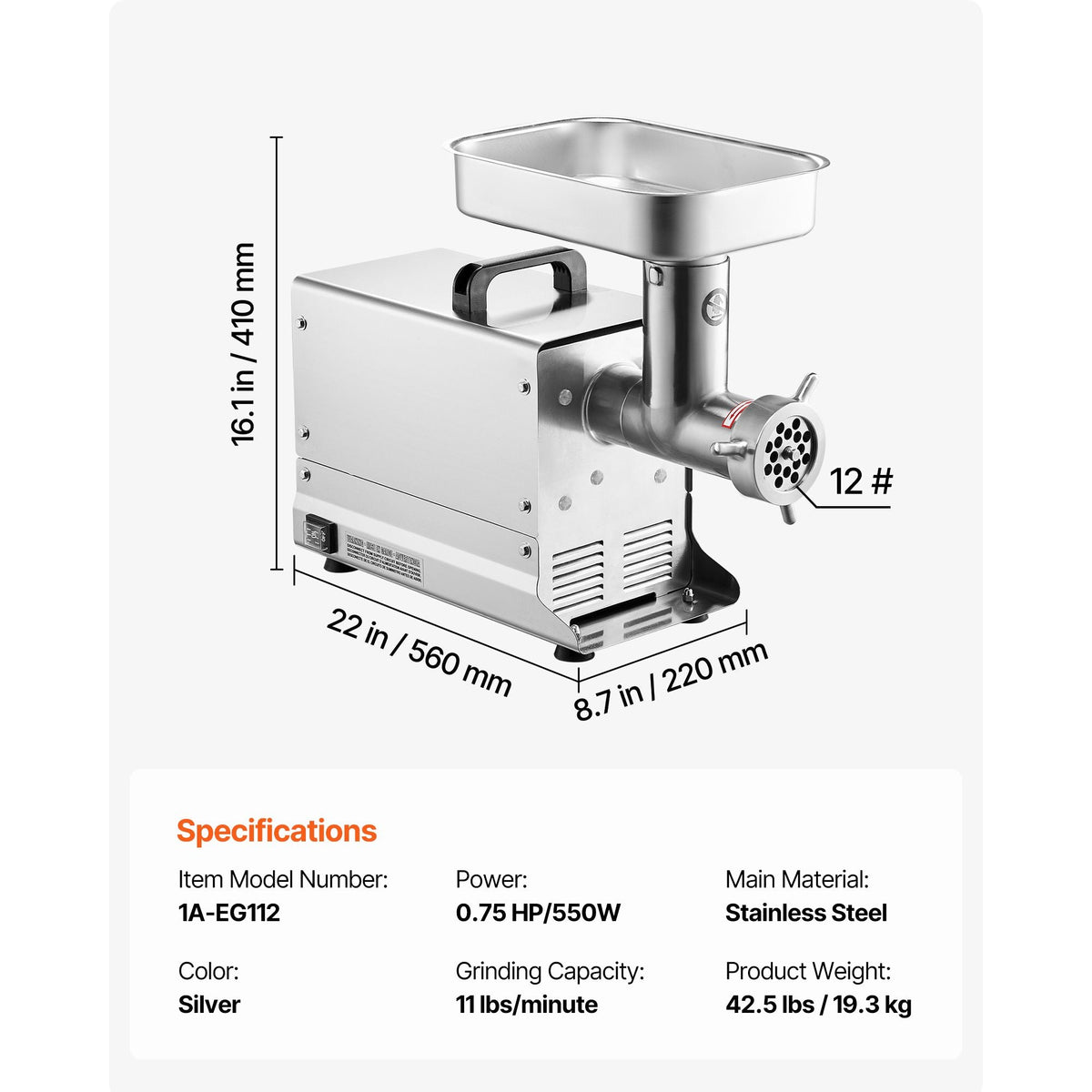Meat Grinder, 11 Lbs/Min Capacity Electric Meat Grinders with Blade, Grinding Plate, Sausage Maker, Stainless Steel Commercial Meat Mincer for Kitchen Restaurant Butcher Store