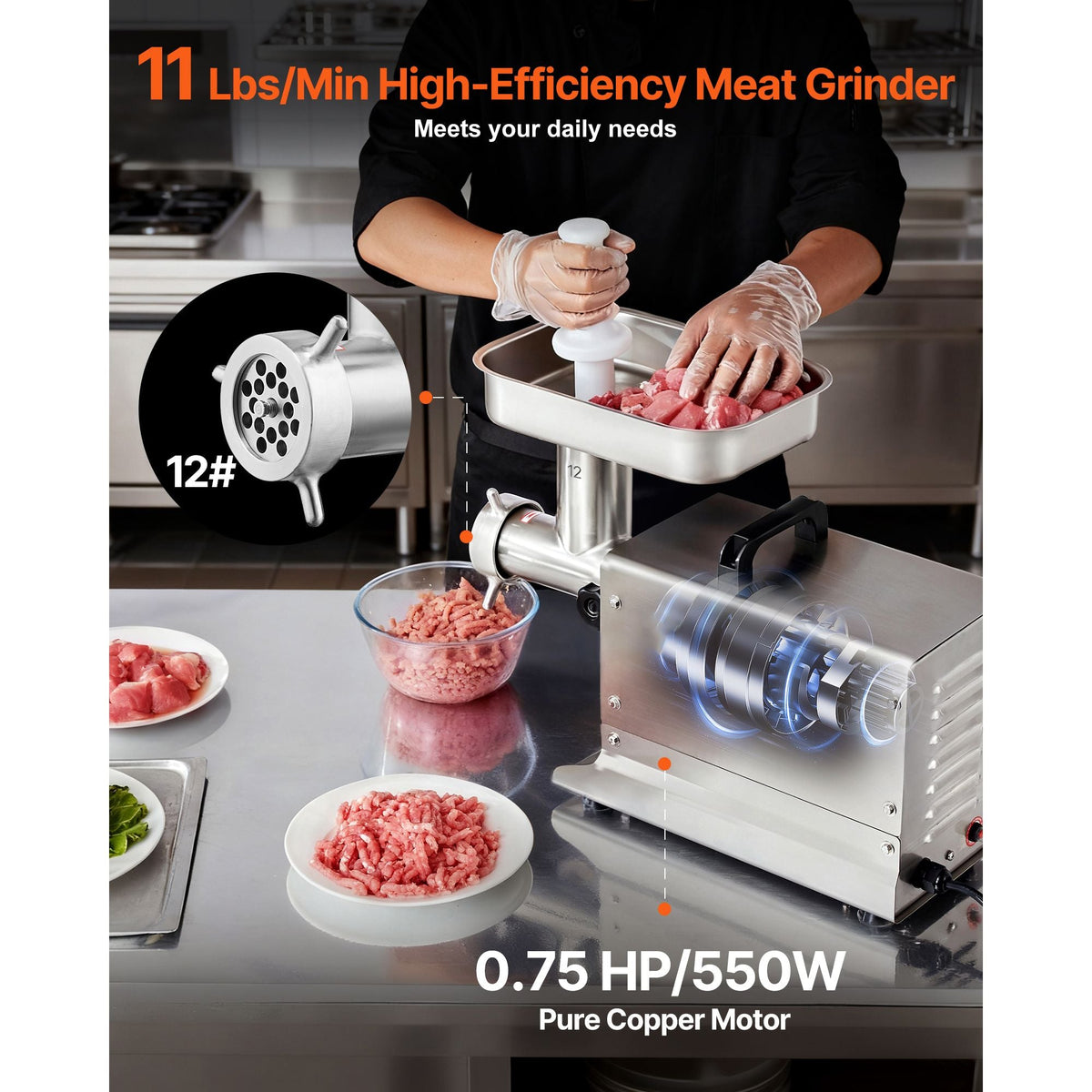 Meat Grinder, 11 Lbs/Min Capacity Electric Meat Grinders with Blade, Grinding Plate, Sausage Maker, Stainless Steel Commercial Meat Mincer for Kitchen Restaurant Butcher Store