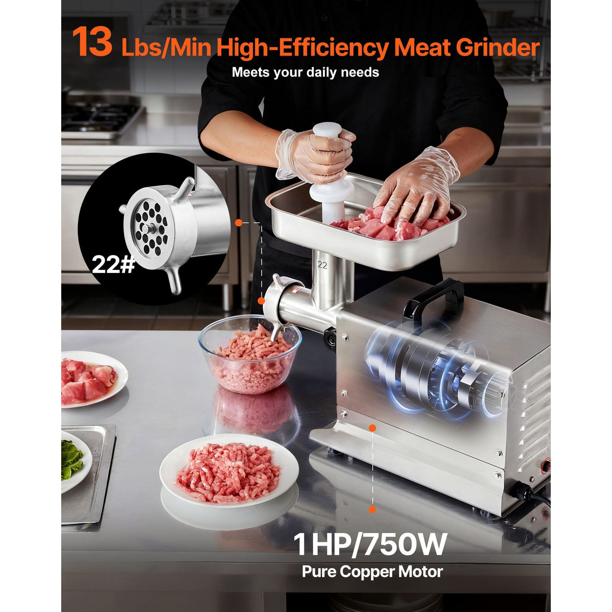 Meat Grinder, 13 Lbs/Min Capacity Electric Meat Grinders with Blade, Grinding Plate, Sausage Maker, Stainless Steel Commercial Meat Mincer for Kitchen Restaurant Butcher Store