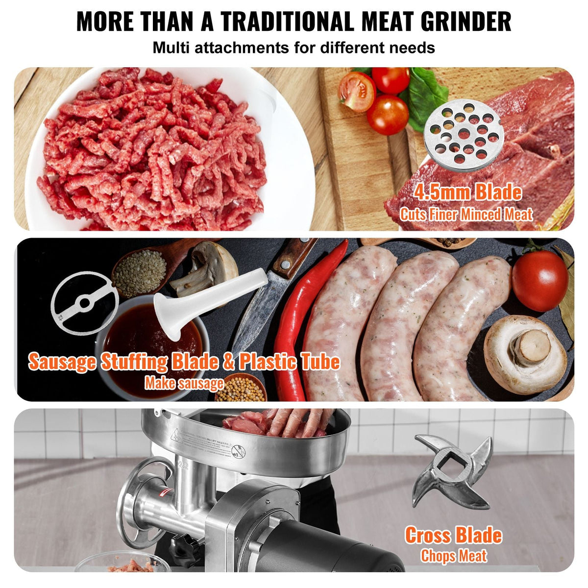 Meat Grinder, 14 Lbs/Min Capacity Electric Meat Grinders with Blade, Grinding Plate, Sausage Maker, Stainless Steel Commercial Meat Mincer for Kitchen Restaurant Butcher Store