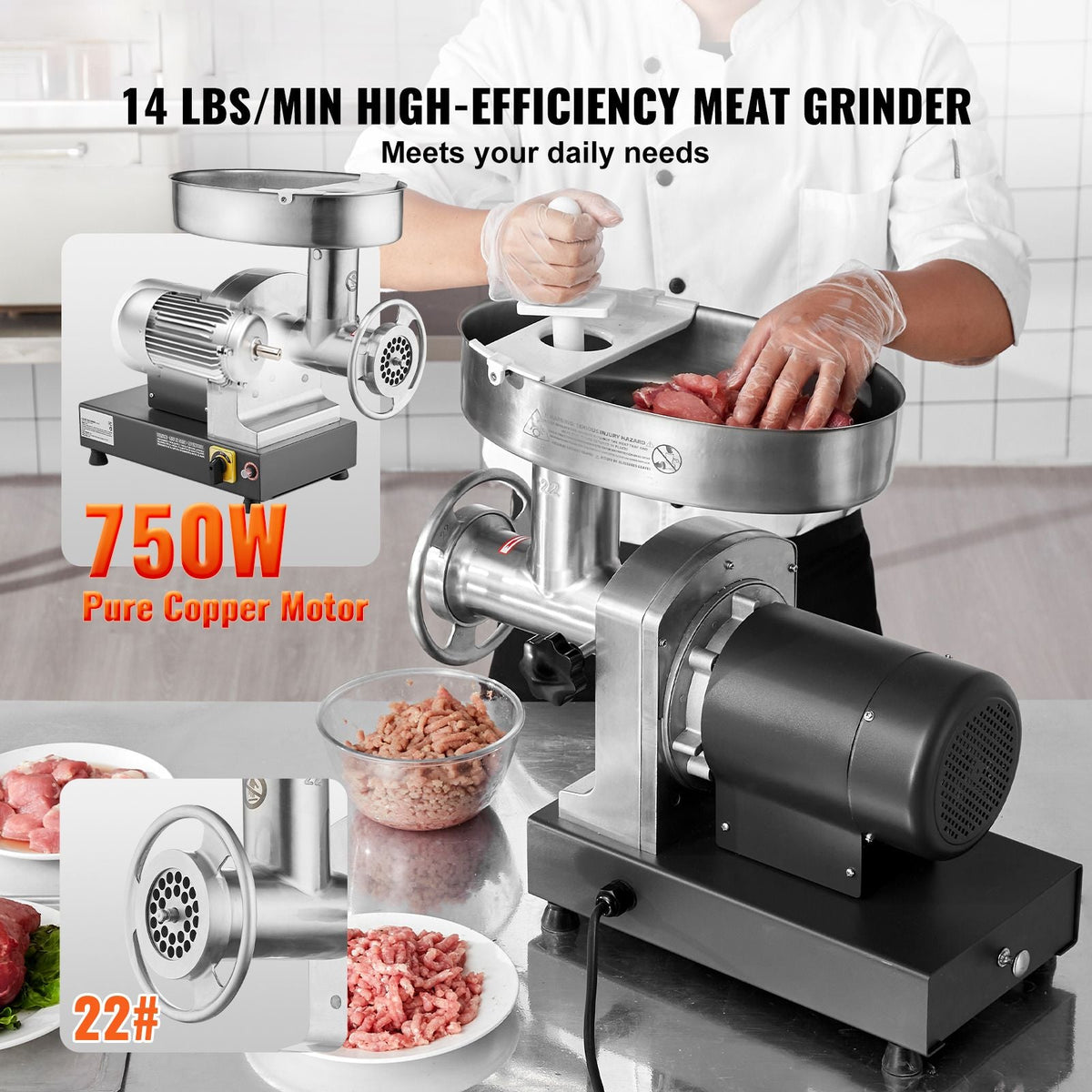 Meat Grinder, 14 Lbs/Min Capacity Electric Meat Grinders with Blade, Grinding Plate, Sausage Maker, Stainless Steel Commercial Meat Mincer for Kitchen Restaurant Butcher Store