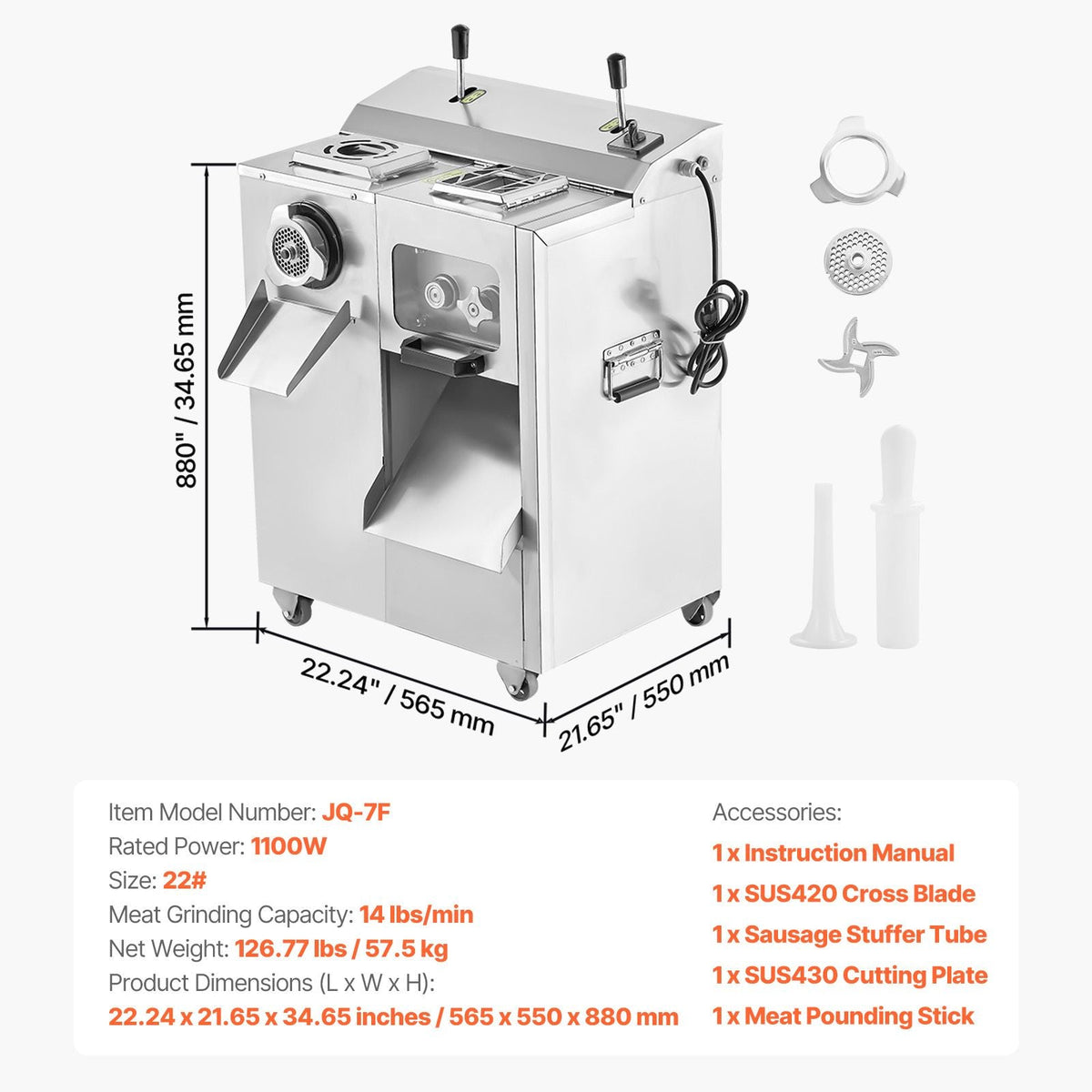 Meat Grinder, 14 Lbs/Min Electric Meat Grinder, Slicer, Sausage Stuffer with Blade, Grinding Plate, Sausage Maker, Stainless Steel Meat Mincer Cabinet for Slice Shred Dice, Restaurant Butcher
