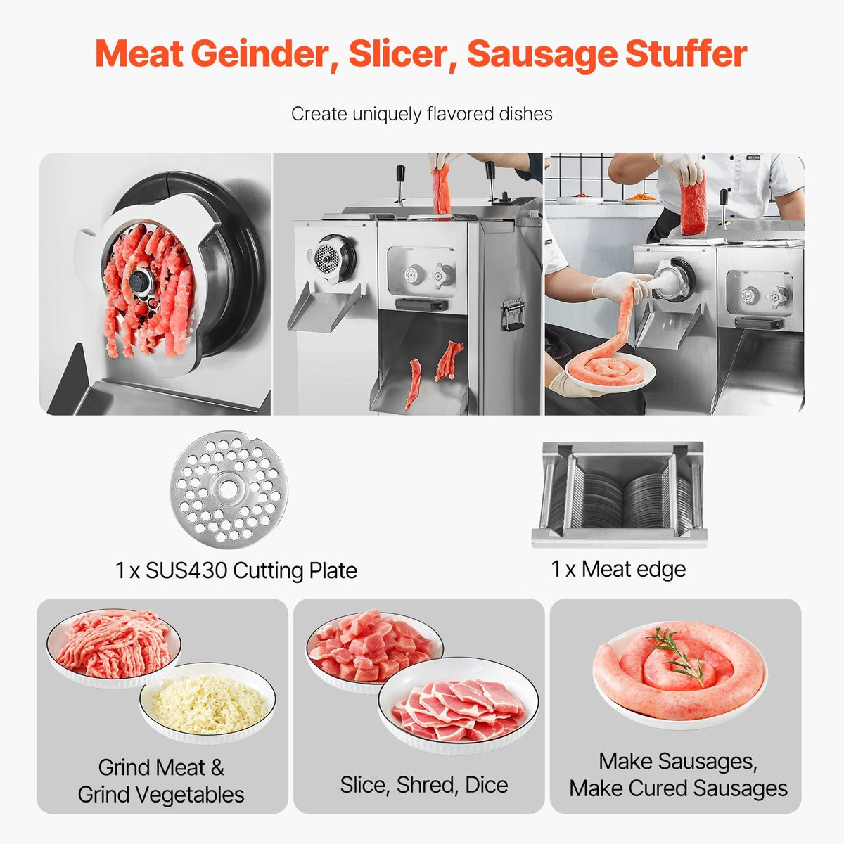 Meat Grinder, 14 Lbs/Min Electric Meat Grinder, Slicer, Sausage Stuffer with Blade, Grinding Plate, Sausage Maker, Stainless Steel Meat Mincer Cabinet for Slice Shred Dice, Restaurant Butcher