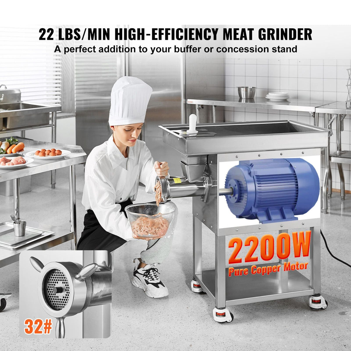 Meat Grinder, 22 Lbs/Min Capacity Electric Meat Grinders w/ Blade, Grinding Plate, Sausage Maker, Stainless Steel Commercial Meat Mincer for Kitchen Restaurant Butcher Store