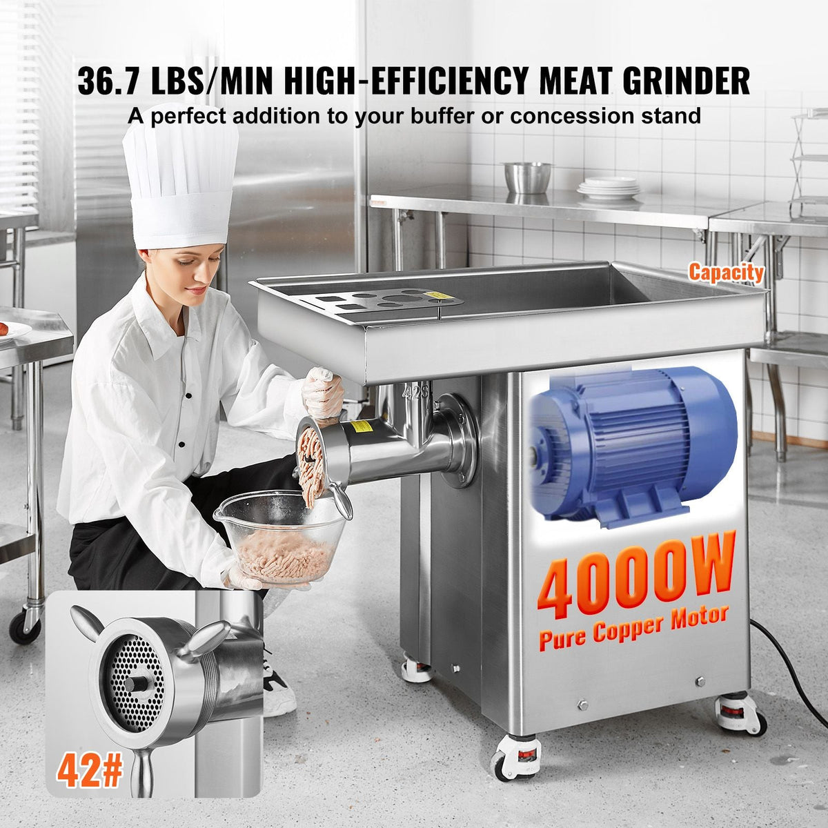 Meat Grinder, 36.7 Lbs/Min Capacity Electric Meat Grinders w/ Blade, Grinding Plate, Sausage Maker, Stainless Steel Commercial Meat Mincer for Kitchen Restaurant Butcher Store