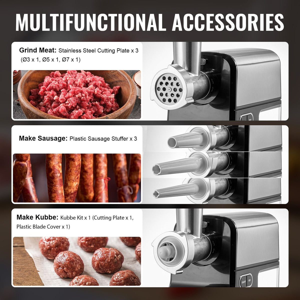 Meat Grinder, 4.2 Lbs/Min Capacity Electric Meat Grinders with Blade, Grinding Plate, Sausage Maker, Kubbe Kit, Stainless Steel Meat Mincer for Home Kitchen