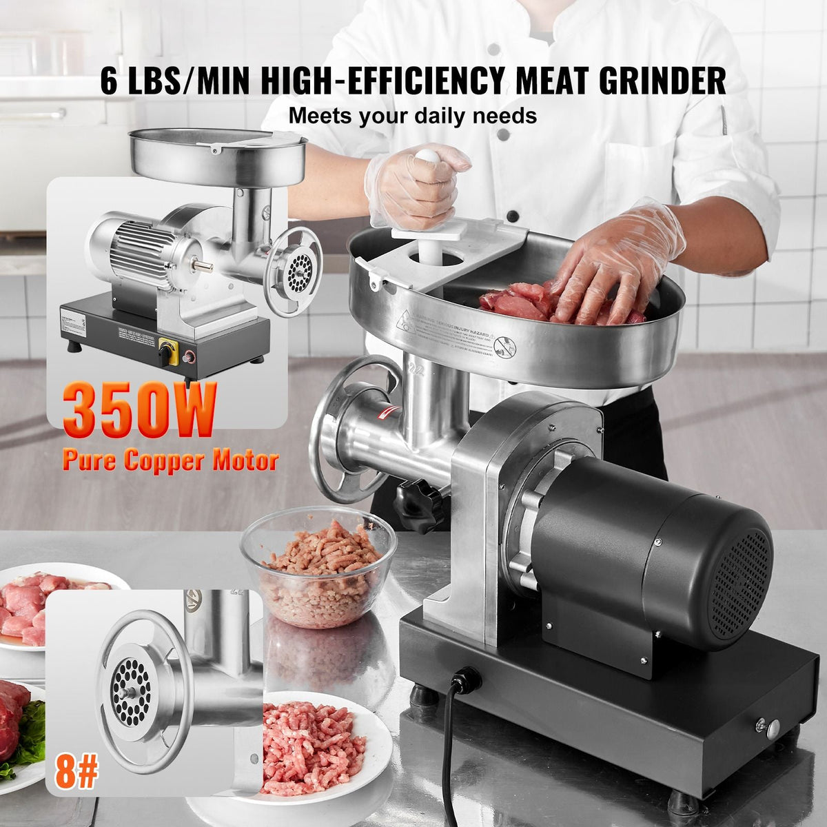 Meat Grinder, 6 Lbs/Min Capacity Electric Meat Grinders with Blade, Grinding Plate, Sausage Maker, Stainless Steel Commercial Meat Mincer for Kitchen Restaurant Butcher Store