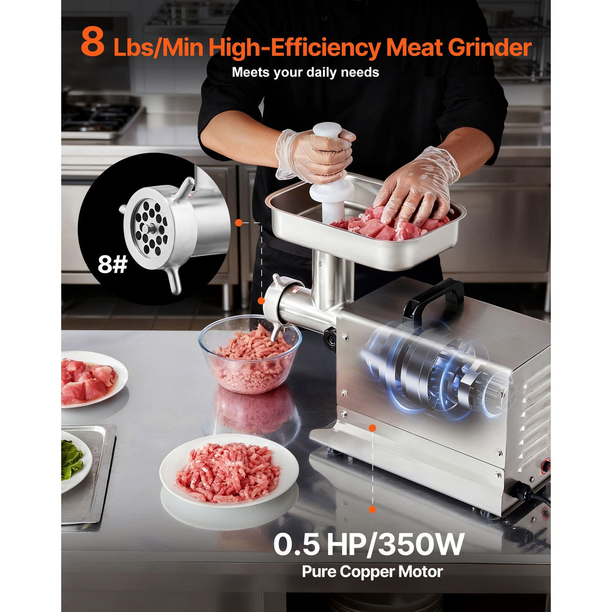Meat Grinder, 7 Lbs/Min Capacity Electric Meat Grinders with Blade, Grinding Plate, Sausage Maker, Stainless Steel Commercial Meat Mincer for Kitchen Restaurant Butcher Store