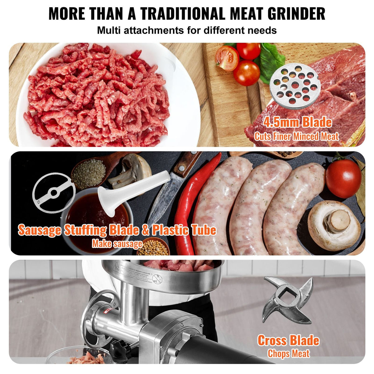 Meat Grinder, 9 Lbs/Min Capacity Electric Meat Grinders with Blade, Grinding Plate, Sausage Maker, Stainless Steel Commercial Meat Mincer for Kitchen Restaurant Butcher Store