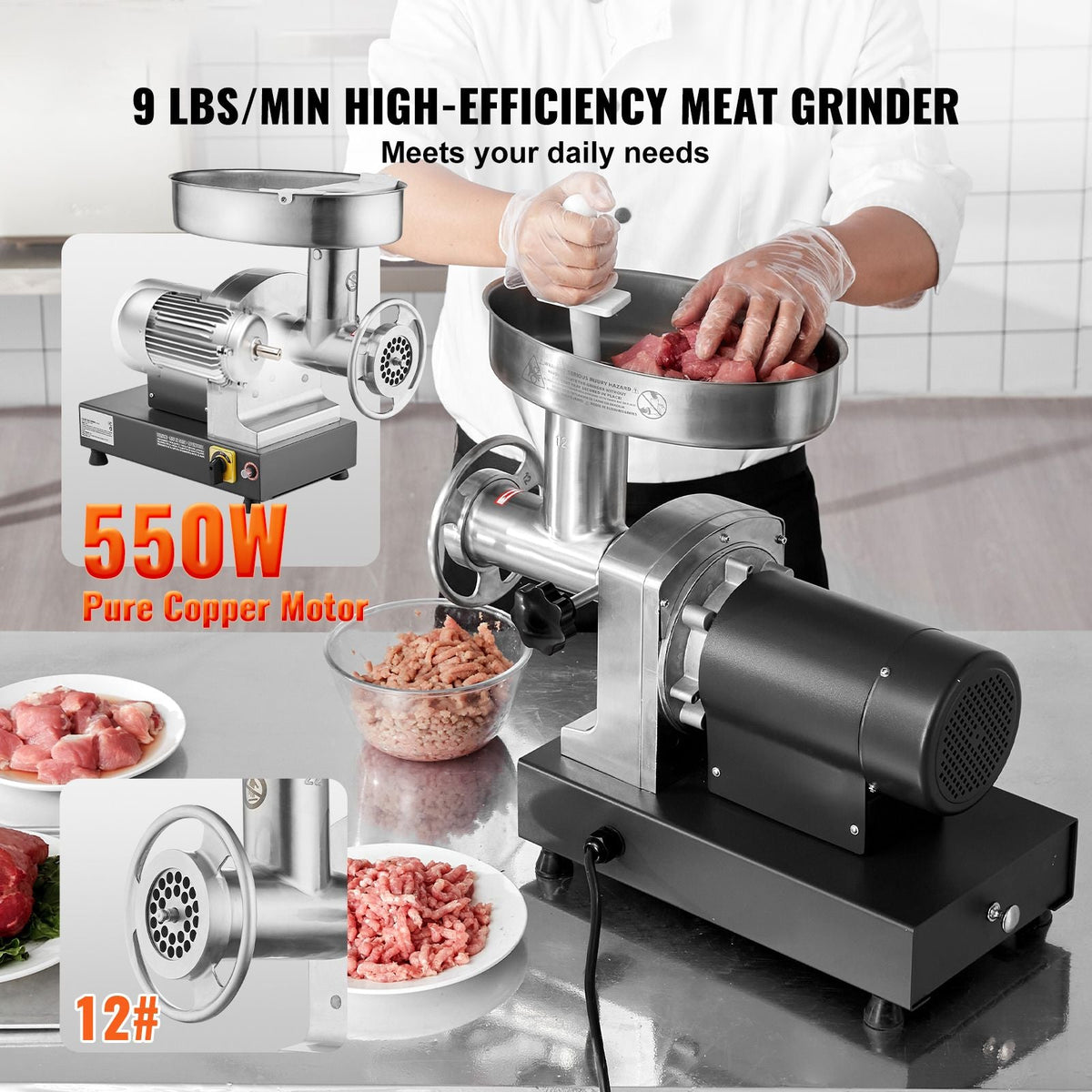 Meat Grinder, 9 Lbs/Min Capacity Electric Meat Grinders with Blade, Grinding Plate, Sausage Maker, Stainless Steel Commercial Meat Mincer for Kitchen Restaurant Butcher Store