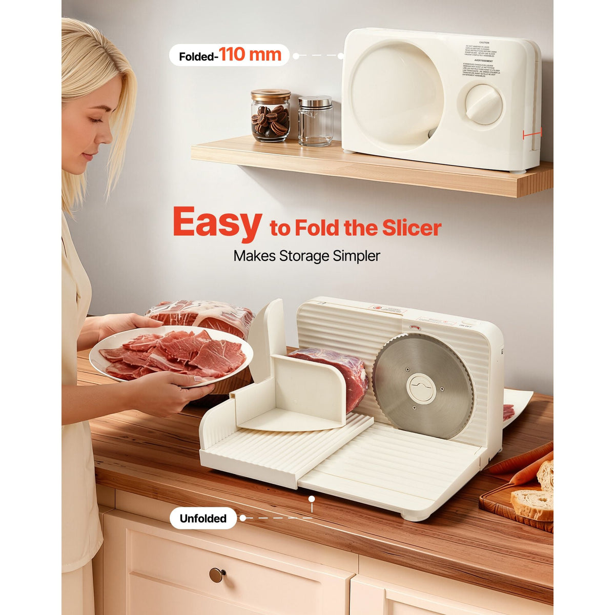 Meat Slicer, 6.7" Foldable Electric Cutter with Dual Security Lock, 0-0.59" Adjustable Thickness, Easy to Clean, 180W Home Food-Slicer for Frozen Meat, Ham, Baguett, Steak